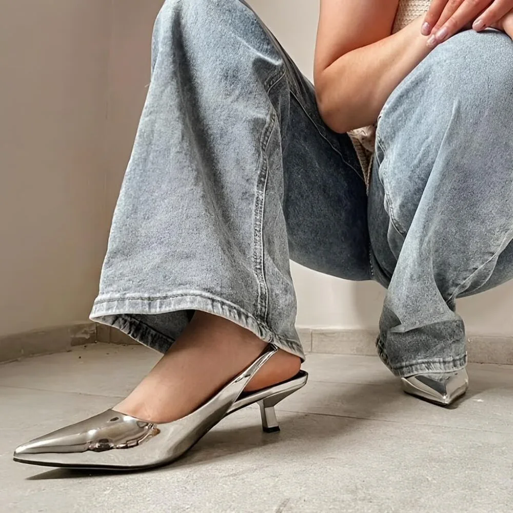 Women Slingback Silver Heel Pumps Dressy Kitten Heels Sandals Wide Width Shoes - Picture 5 of 6